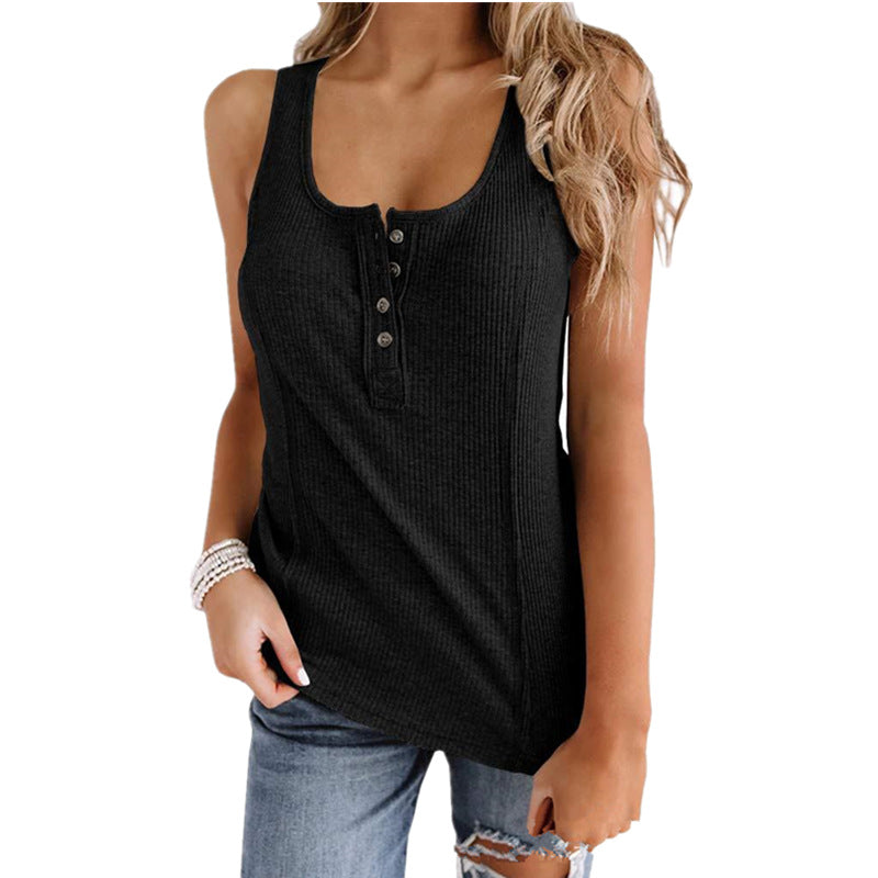 Solid Color Button Sleeveless Tank Top T Shirt Women - Image 11
