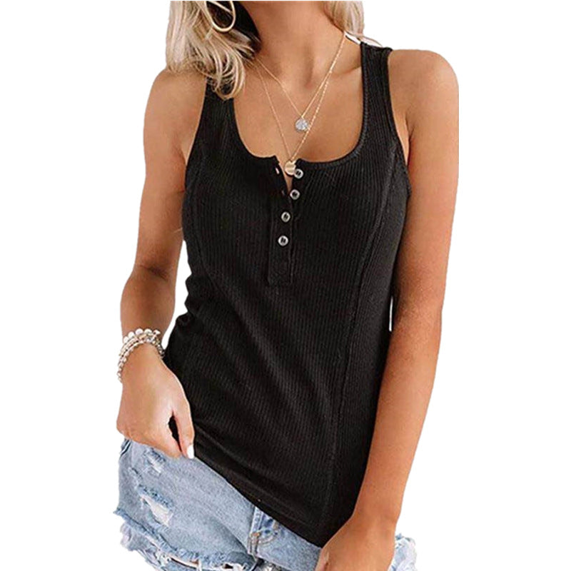 Solid Color Button Sleeveless Tank Top T Shirt Women - Image 2