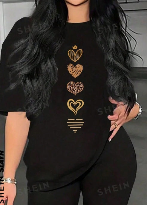 Women's Heart Print Short Sleeve T-Shirt Graphic Tees Women Tops - Image 2