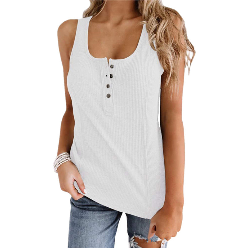 Solid Color Button Sleeveless Tank Top T Shirt Women - Image 8