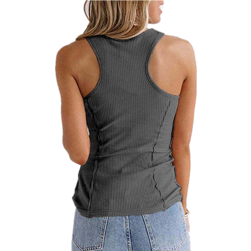 Solid Color Button Sleeveless Tank Top T Shirt Women - Image 6