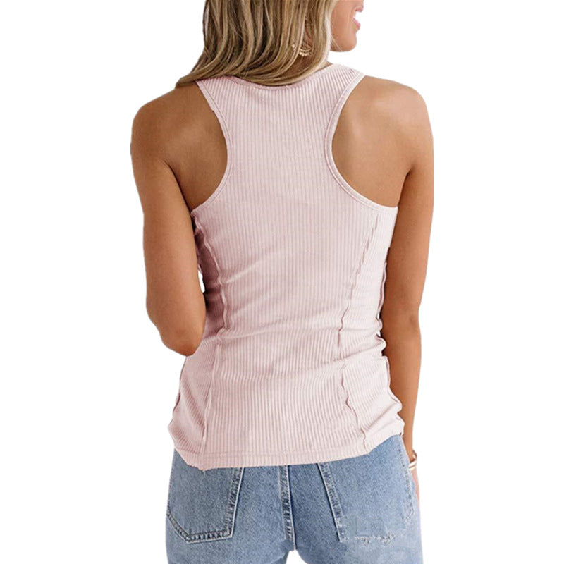 Solid Color Button Sleeveless Tank Top T Shirt Women - Image 3