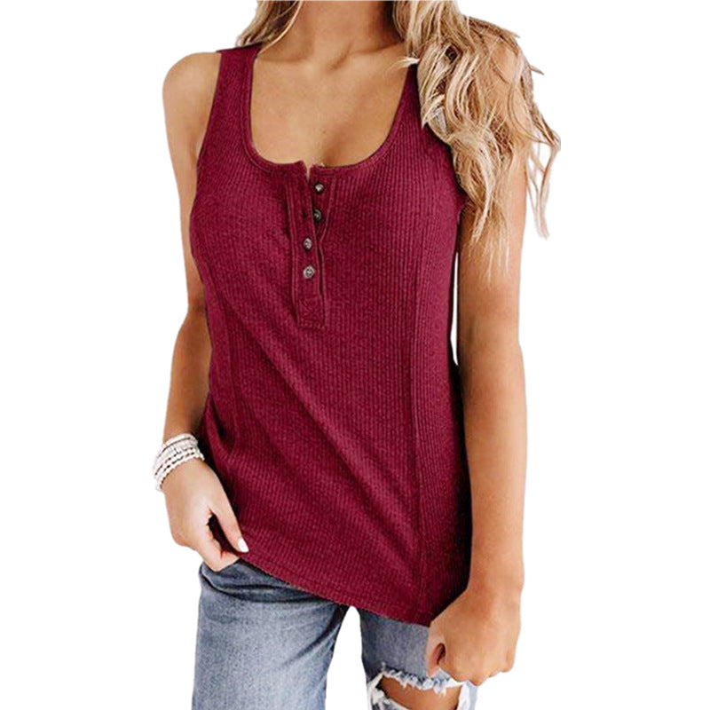 Solid Color Button Sleeveless Tank Top T Shirt Women - Image 12