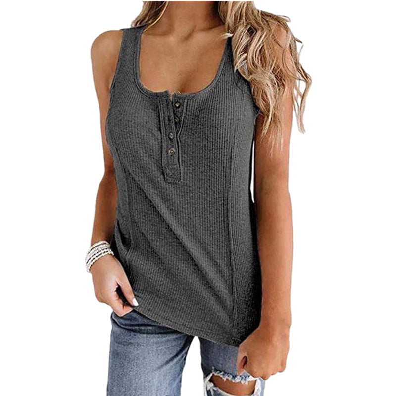 Solid Color Button Sleeveless Tank Top T Shirt Women - Image 10