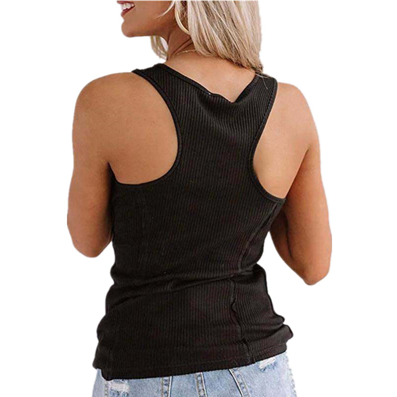 Solid Color Button Sleeveless Tank Top T Shirt Women - Image 4
