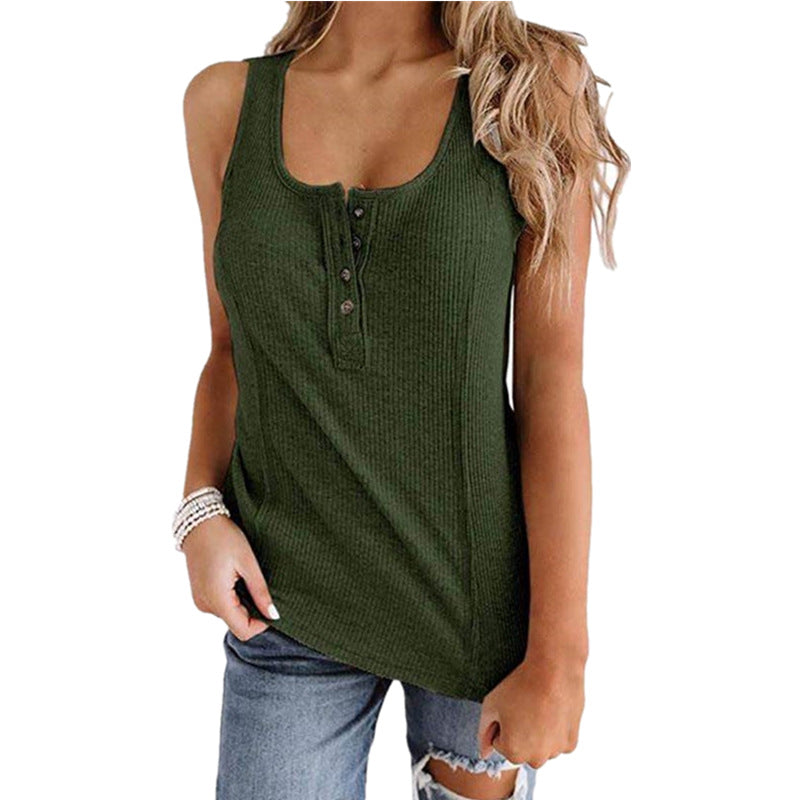 Solid Color Button Sleeveless Tank Top T Shirt Women - Image 7